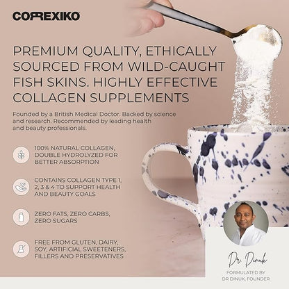 CORREXIKO Marine Collagen Supplement Pills & Powder Bundle 1 Month Supply - Includes 10,000mg Double Hydrolyzed Collagen Powder 15oz & 1800mg Collagen Peptides 120 Capsules - for Hair, Skin & Nails