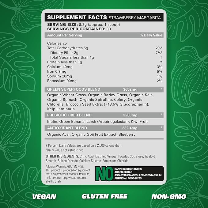 EHP Labs OxyGreens Super Greens Powder - Spirulina & Chlorella Superfood, Green Juice Powder & Greens Supplements with Prebiotic Fibre, Antioxidants & Immunity Support, 30 Serves (Strawb. Margarita)