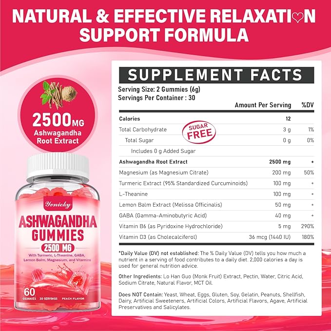 Ashwagandha Gummies 2500mg for Women & Men: Ashwagandha Supplement Gummy Extra Strength with Turmeric, Vitamin D3, L-Theanine, Magnesium - Filled Gummies, Strawberry Flavor, Vegan, Non-GMO