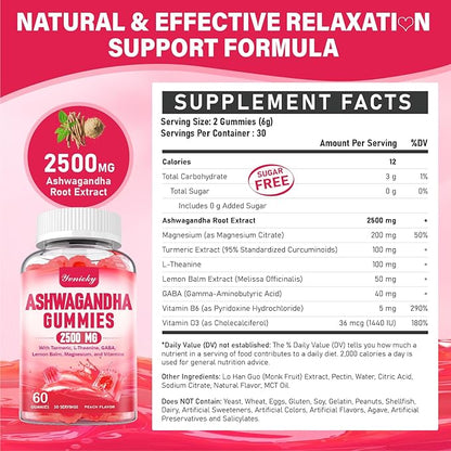Ashwagandha Gummies 2500mg for Women & Men: Ashwagandha Supplement Gummy Extra Strength with Turmeric, Vitamin D3, L-Theanine, Magnesium - Filled Gummies, Strawberry Flavor, Vegan, Non-GMO
