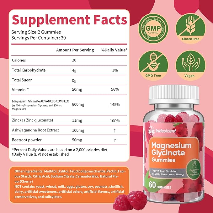 Magnesium Glycinate Gummies 400mg, Sugar Free Magnesium Supplement w/Ashwagandha, Zinc, Vegan Magnesium Glycinate Supplement for Adults - 60 Cherry Gummies