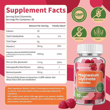 Magnesium Glycinate Gummies 400mg, Sugar Free Magnesium Supplement w/Ashwagandha, Zinc, Vegan Magnesium Glycinate Supplement for Adults - 60 Cherry Gummies