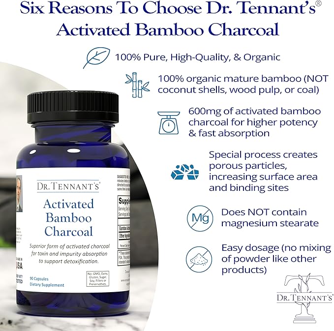 Dr. Tennant's Activated Bamboo Charcoal | Coconut-Free Detox Supplement | Supports GI Tract Cleansing & Digestive Health | Cleaner Alternative to Standard Charcoals | 90 Capsules