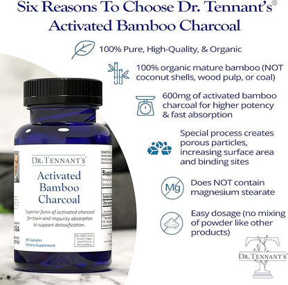Dr. Tennant's Activated Bamboo Charcoal | Coconut-Free Detox Supplement | Supports GI Tract Cleansing & Digestive Health | Cleaner Alternative to Standard Charcoals | 90 Capsules