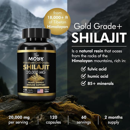 Organic Shilajit with Fulvic Acid, Humic Acid, 85+ Minerals- Gold Grade Plus - Same as Resin - Energy, Stamina, Brain Support - 120 Capsules - Made in The USA