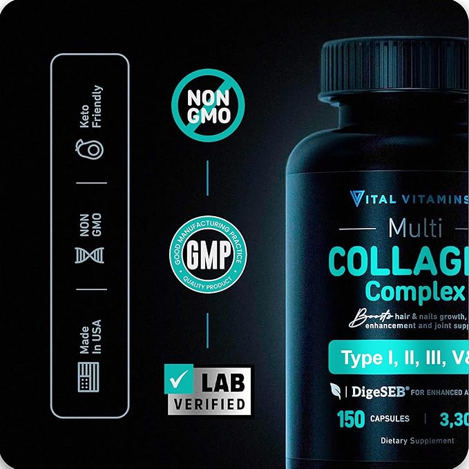 Vital Vitamins Multi Collagen for Women & Men - Type I, II, III, V, X - Grass Fed, Non-GMO - 150 Capsules