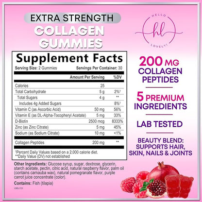 Collagen Peptide Gummies for Women with Biotin - Hydrolyzed Collagen for Hair, Skin, Nail, Bone Health & Joint Support - Extra Strength Best Peptides Supplement for Women & Men, Non-GMO - 60 Gummies