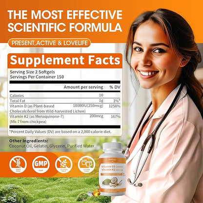 Vitamin D3 10,000 IU + K2 (MK-7) 200mcg w/Coconut Oil Softgels | 300-Count 2-in-1 Vegan vitamina d3 con k2 for Bone Health & Immune Support |Enhanced Absorption, Non-GMO, Easy to Swallow