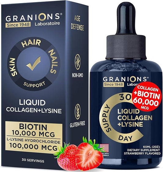 Liquid Collagen Peptides with Biotin and L-Lysine - Max Hair Skin and Nails Support for Women - 50,000mcg Collagen Liquid, 10,000mcg Biotin Lysine Drops - 2oz Strawberry Drink