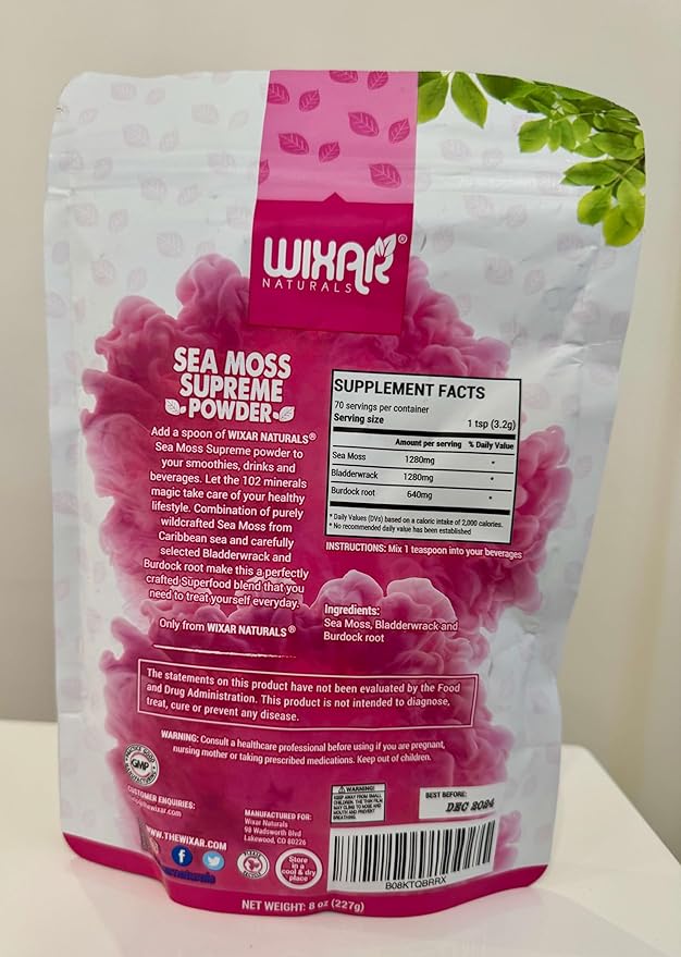 Wixar Wildcrafted Sea Moss Powder – (8 Ounces) – Natural Irish Sea Moss and Bladderwrack with Burdock Powder - Thyroid Support, Healthy Skin, Keto Detox, Joint Support Alkaline Supplements