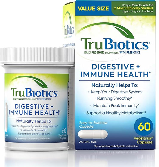 TruBiotics Probiotics for Digestive & Immune Health, Supports Regularity & Helps Relieve Abdominal Discomfort, Gas & Bloating, 2 Clinically Studied Probiotic Strains, Plus Prebiotics, 60 Capsules