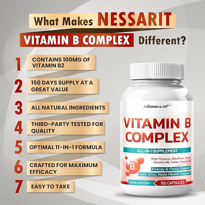 Vitamin B Complex - High Potency with Thiamin, Riboflavin, Niacin Vitamin B6, Folate, Vitamin B12 -Energy, Focus, Hair, Skin, Nails Support - 150 Count - Made & Tested in The USA