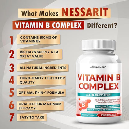 Vitamin B Complex - High Potency with Thiamin, Riboflavin, Niacin Vitamin B6, Folate, Vitamin B12 -Energy, Focus, Hair, Skin, Nails Support - 150 Count - Made & Tested in The USA