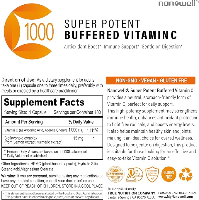 Super Potent Buffered Vitamin C 1000 mg with Bioflavonoid Complex - Antioxidant & Immune Support - Healthy Skin & Joints - Gluten Free - 180 Servings