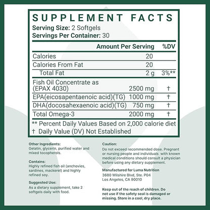 Luma Nutrition Omega 3 Fish Oil Supplement - Extra Strength 2500mg - 2000mg EPA & DHA - Brain and Heart Health - 60 Softgels