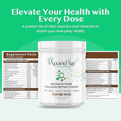 Bovine Extreme Collagen Peptide Powder with biotin,Pea,Guarana,safed musli and Others for Hair, Nails,Energy, Lean Muscle and Joint Health.Flavor Bitter Chocolate
