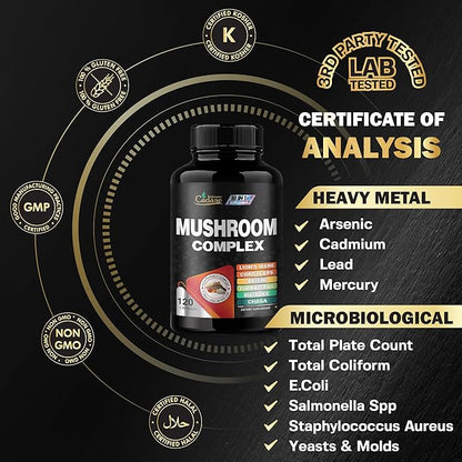 Cadane Mushroom Complex Supplements - 19in1 Concentrated with Lions Mane, Cordyceps Sinensis, Reishi, Turkey Tail Mushroom, Maitake, Chaga, Shiitake, Enoki & More - 120 Caps for 4 Months Supply