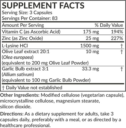 Futurebiotics L-Lysine Defense Immune Support Complex 1500 MG Per Serving with Vitamin C, Zinc, Olive Leaf & Garlic - Non-GMO, 250 Vegetarian Capsules