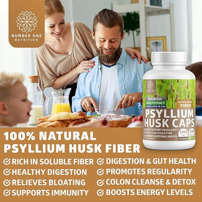 N1N Premium Psyllium Husk Capsules [All Natural,1450 MG] Powerful Soluble Fiber Supplement to Support Regularity and Digestive Health, 240 Caps