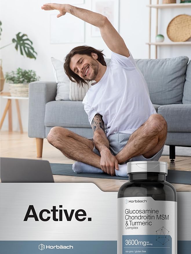 Horbäach Glucosamine Chondroitin MSM | 3600 mg | 360 Caplets | Advanced Formula with Turmeric | Non-GMO, Gluten Free