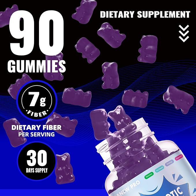 Prebiotic Fiber Gummies for Adults, 7G Extra Strength, Zero Sugar Added, 90 Pectin Based Gummies, Digestive Health & Regularity Support-Blueberry-2PACK