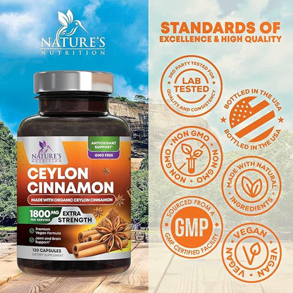 Organic Ceylon Cinnamon Supplement 1800mg - Certified Organic Ceylon Cinnamon Powder Pills - Energy & Heart Support for Women & Men, Bottled in USA, Antioxidant, Gluten Free, Non-GMO - 120 Capsules