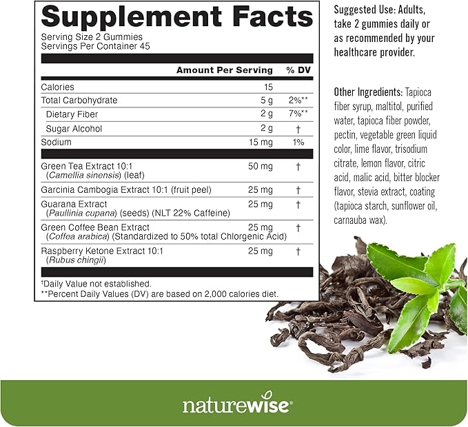 NatureWise Green Tea Gummies - Keto, Sugar Free - Supports Fitness Goals for Women & Men - 500mg Green Tea + Raspberry Ketones, Garcinia Cambogia - Vegan, No Gluten - 90 Count[45-Day Supply]