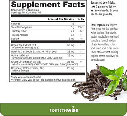 NatureWise Green Tea Gummies - Keto, Sugar Free - Supports Fitness Goals for Women & Men - 500mg Green Tea + Raspberry Ketones, Garcinia Cambogia - Vegan, No Gluten - 90 Count[45-Day Supply]