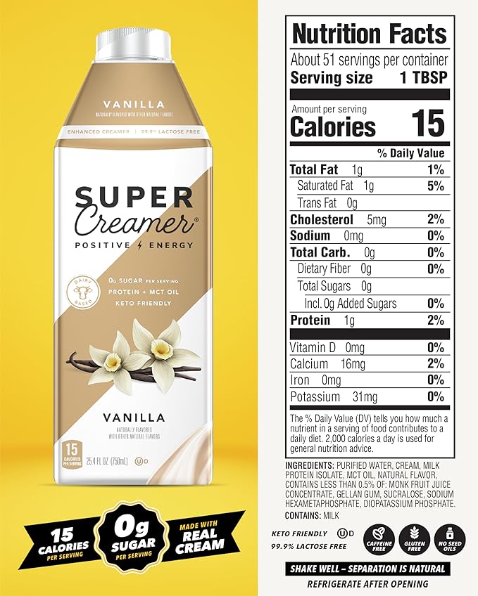 Super Coffee Creamer, SugarFree Coffee Creamer (0g Sugar, 1g Protein, 15 Calories) [Vanilla] 25.4 Fl Oz, 6 Pack | Keto Coffee Creamer