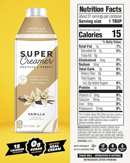 Super Coffee Creamer, SugarFree Coffee Creamer (0g Sugar, 1g Protein, 15 Calories) [Vanilla] 25.4 Fl Oz, 6 Pack | Keto Coffee Creamer