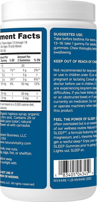 Natural Vitality SLEEP Gummies, Magnesium Supplement With Melatonin and L-Theanine, Vegan, Gluten Free, Helps the Body Ease Into Sleep, Blueberry Pomegranate 120 Count