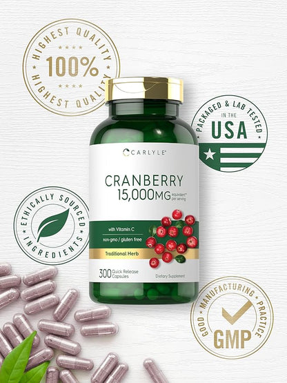 Carlyle Cranberry Pills 15000mg | 300 Capsules | Herb Extract Supplement | for Women and Men | with Vitamin C | Non-GMO & Gluten Free