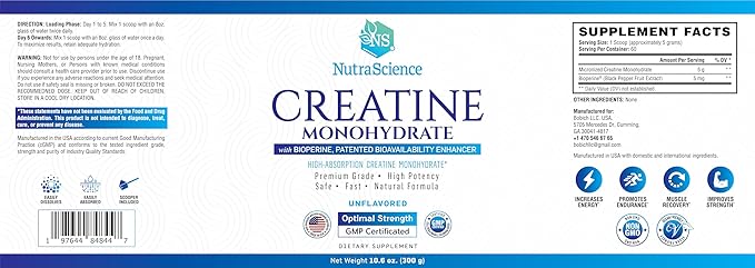NutraScience Creatine Monohydrate Powder with BioPerine, Supports Lean Muscle Growth and Recovery, 60 Servings, 5000mg Per Serving, Unflavored, GMP sertified, Vegan Friendly, Non GMO
