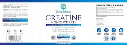 NutraScience Creatine Monohydrate Powder with BioPerine, Supports Lean Muscle Growth and Recovery, 60 Servings, 5000mg Per Serving, Unflavored, GMP sertified, Vegan Friendly, Non GMO