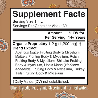 MaryRuth Organics USDA Mushroom Complex | Herbal Liquid Drops | Supplement | Lion's Mane | Reishi Mushroom | Shiitake Mushrooms | Non-GMO | Vegan | Alcohol Free Tincture | 30 Servings