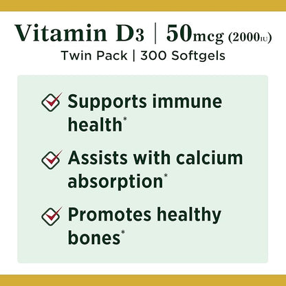 Vitamin D3 by Nature's Bounty, Vitamin Supplement, Supports Immune System and Bone Health, 50mcg, 2000IU,150 Count (Pack of 2)