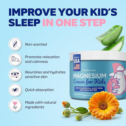 Magnesium Cream for Kids - Soothing Relief & Relaxation with Calendula, Aloe Vera, Shea Butter - Topical Magnesium Cream for Sleep - USA Made - (4 oz, Unscented)
