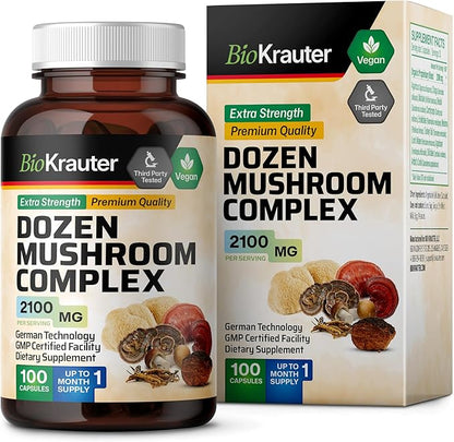 BIO KRAUTER Dozen Mushroom Complex Capsules 2100 mg Blend - 100 Vegan Caps - 12 Extracts in One Mushroom Supplement for Immune Support - Lions Mane, Reishi, Cordyceps