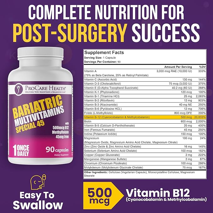 ProCare Health Bariatric Multivitamin with Iron (90 Capsule) - 45mg Iron with Reduced B12 - Post Op Bariatric Vitamins for Gastric Bypass Sleeve Patients, Sustains Recovery & Energy (03 Month Supply)