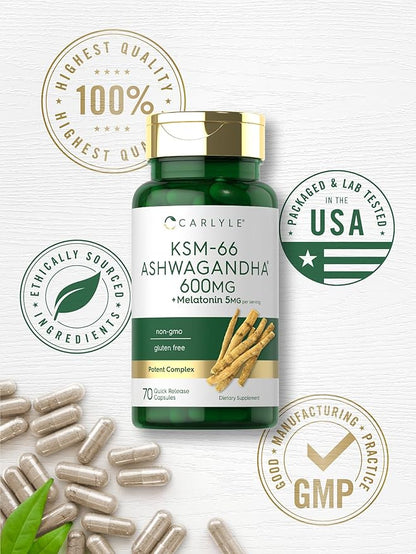 Carlyle KSM-66 Ashwagandha Capsules 600mg | 70 Count | with Melatonin 5mg | Potent Complex | Non-GMO, Gluten Free