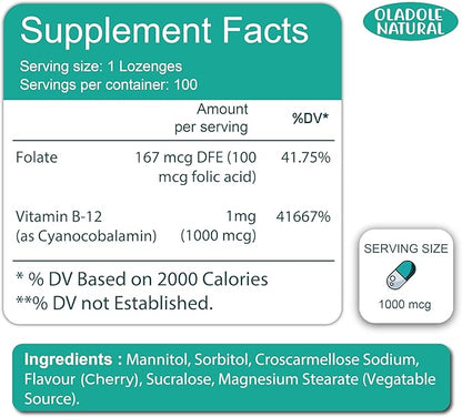 Vitamin B-12 (1000mcg) - 100 Lozenges Black Cherry Flavour | Formulated with Folic Acid | Energy Boost, Red Blood Cell Formation, Nervous System Support & Immune Health | Non-GMO