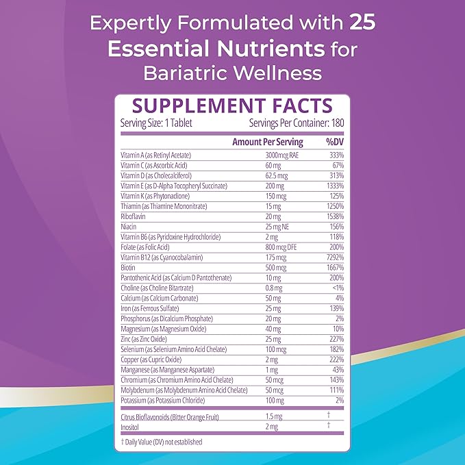 High A D E K Bariatric Multivitamin for Post DS/SADI Surgery, 25 Essential Nutrients for Post-Weight Loss Surgery, 180 Tablets, Meets ASMBS Guidelines for Bariatric Bypass