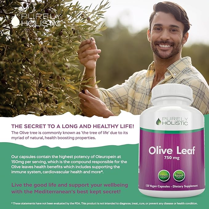 Purely Holistic Olive Leaf Extract 750mg Non-GMO Maximum Strength - 120 Vegan Capsules - 20% Oleuropein - 4 Month Supply - Support Supplement