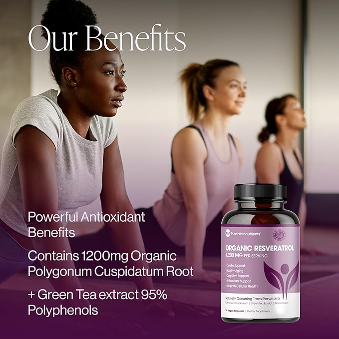 Organic Resveratrol Supplement – Trans-Resveratrol Capsules with Green Tea & Black Pepper – Highly Purified & Bioavailable - 90 Vegan Caps