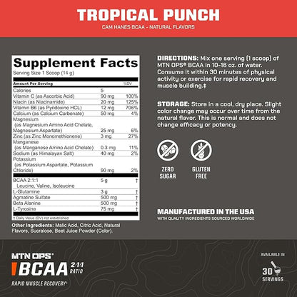 MTN OPS BCAA Powder, 2:1:1 Amino Acids Supplement Powder for Rapid Muscle Recovery & Repair with Zero Sugar & Gluten Free - 30-Serving Tub Tropical Punch Flavor, Cameron Hanes Keep Hammering Series