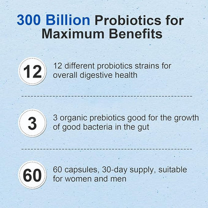 Probiotic 300 Billion CFU - 12 Strains with Organic Prebiotics for Digestive & Gut, Immune, Bloating Health - Probiotics for Women and Men - Daily Dairy Free, Shelf Stable - 240 Counts
