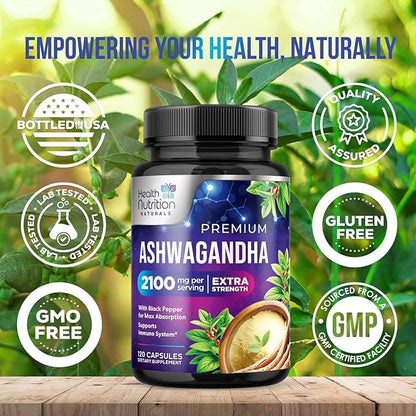 Ashwagandha Supplement 2100mg - Extra Strength Herbal Root Extract, Best Ashwagandha Supplements for Men & Women, Restore, Unwind, Calm Support Formula, Vegetarian, Non-GMO, Gluten-Free, 120 Capsules