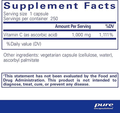 Pure Encapsulations Ascorbic Acid Capsules - 1,000 mg Vitamin C - Antioxidant & Immune Support* - High-Potency Vitamin C - Vegan & Non-GMO - 250 Capsules