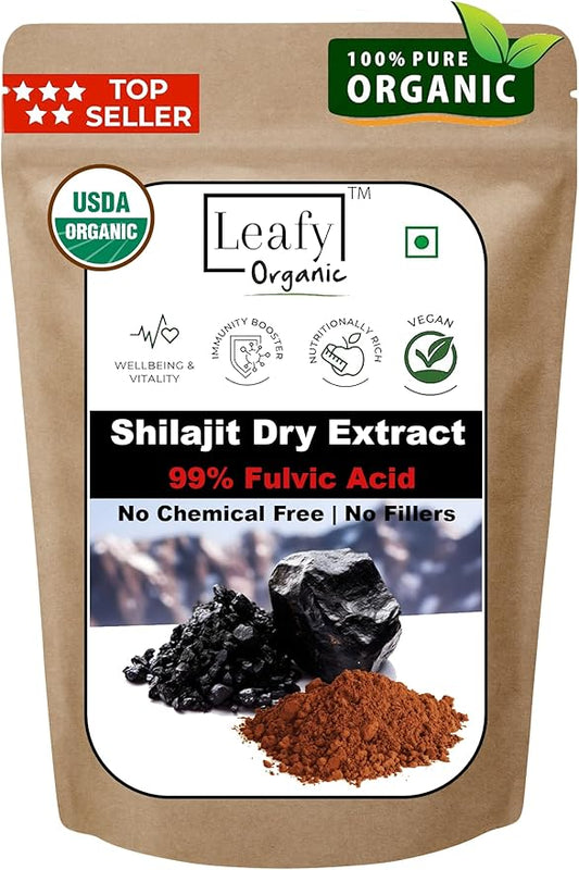USDA Organic - Shilajit Powder Extract, (3.5 Oz / 100 g) - 99% Fulvic Acid - Full Spectrum Extract | 100% Pure Organic Shilajit - No Fillers | Rich in Fulvic Acid and Trace Minerals by Leafy Organic