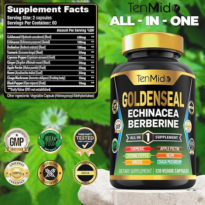 Goldenseal Root Supplement - 10in1 Formula - Combine with Echinacea, Berberine, Turmeric, Cayenne Pepper, Ginger, Apple Pectin, Neem, & More - Digestive Health Support - 120 Capsules